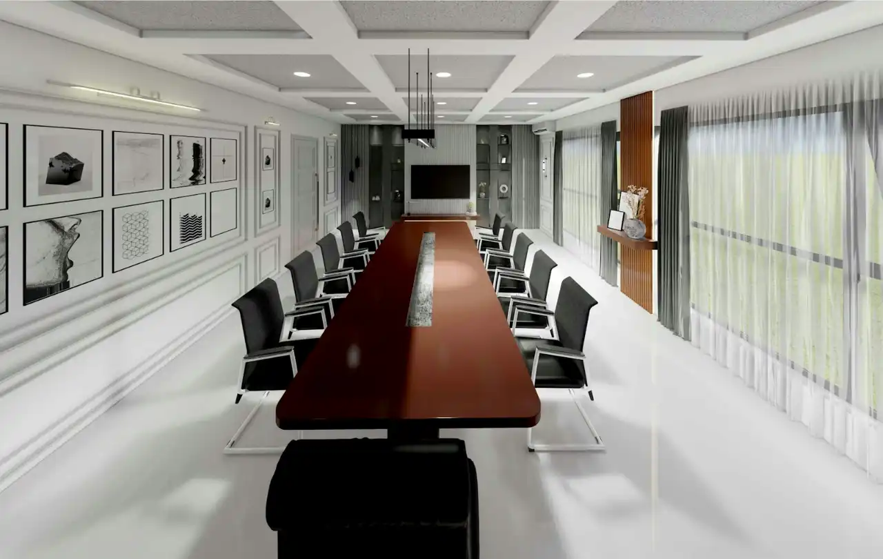 Modern conference room with integrated AV system, illustrating environments where RS-232 and RS485 control communication supports device coordination