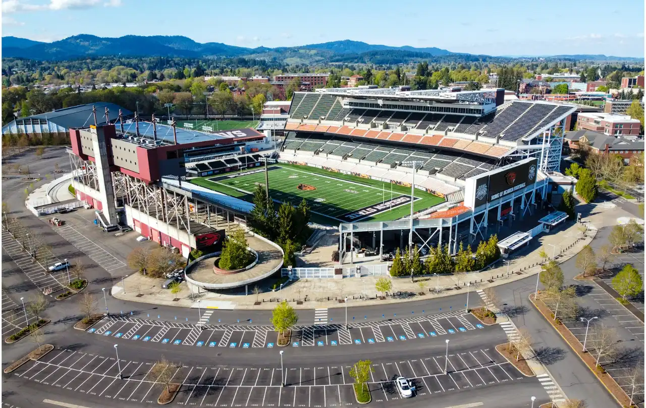 Large football stadium with extensive wireless coverage infrastructure, representing DAS and BDA system environments that rely on armored coax for reliable RF signal distribution