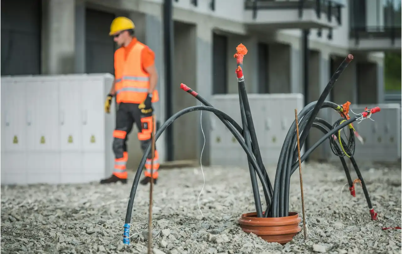 Underground network cable installation at commercial site, illustrating outdoor Ethernet and direct burial cable environments where sealed connectors protect the signal path