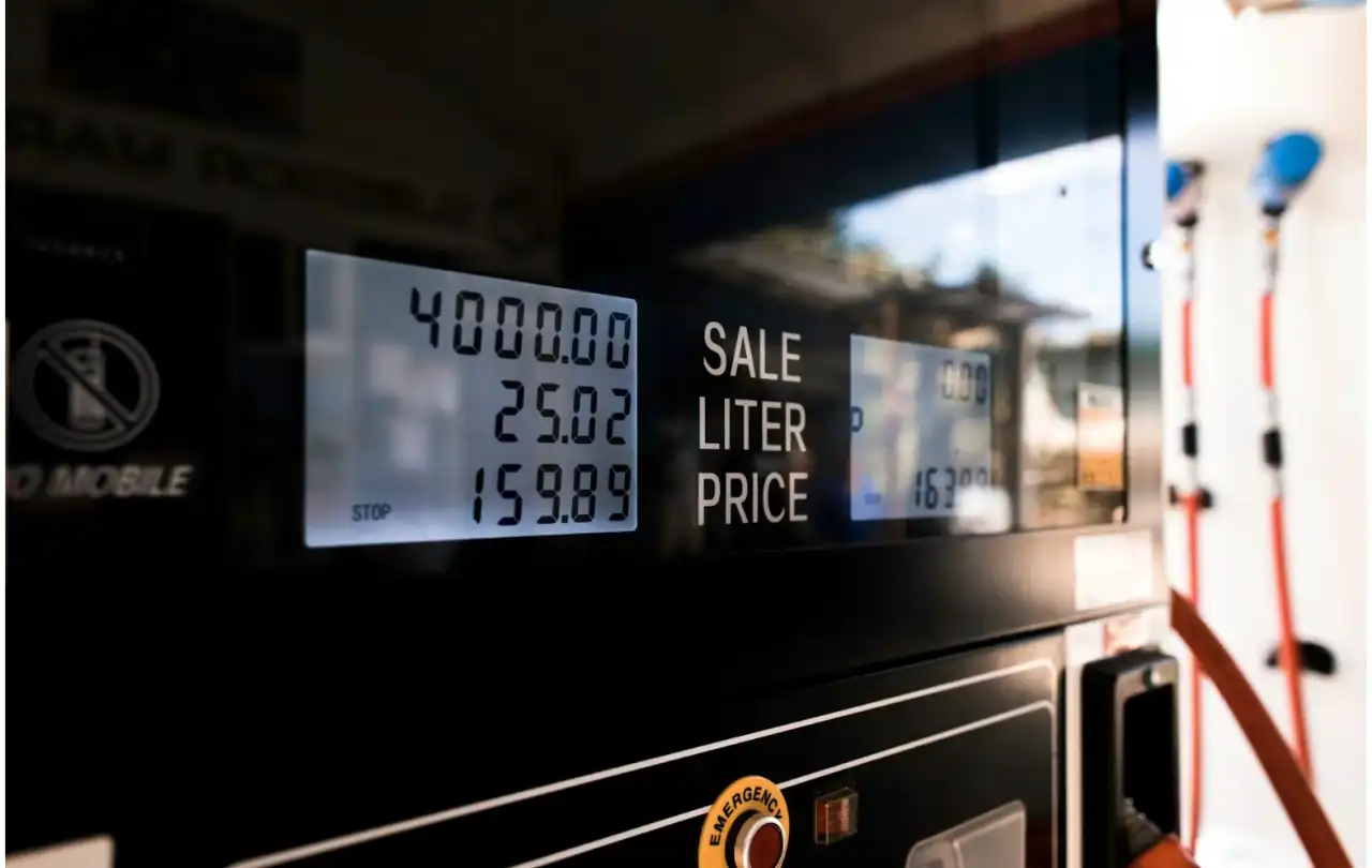 Fuel dispenser display at a commercial gas station, representing petroleum cable environments where shielded FEP cable supports CRIND and fuel system communication circuits