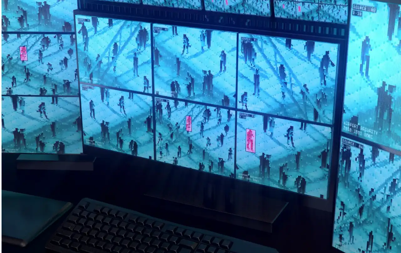 Commercial surveillance monitoring wall displaying multiple video feeds, illustrating CATV and coax infrastructure used for RF signal distribution across security networks