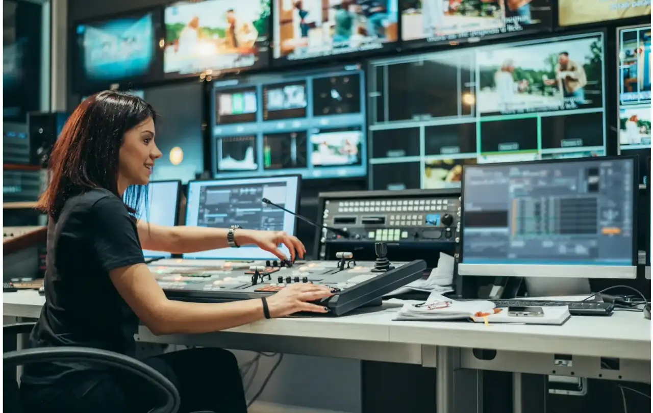 Broadcast control room operator managing video routing and signal distribution systems within a professional AV and media infrastructure environment