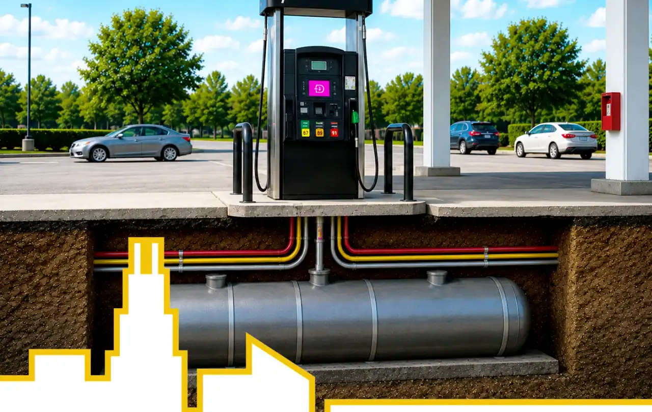 A gas pump with a cross-section view of the tank below ground.