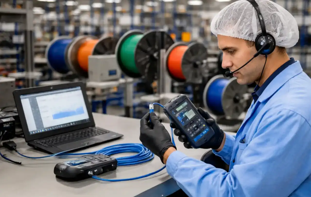 Technician inspecting and quality testing a blue category cable in a low voltage manufacturing facility.