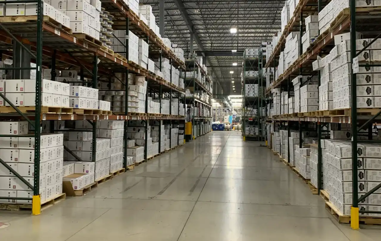 Warehouse racks filled with SmartWire boxes at a Windy City Wire stocking location.