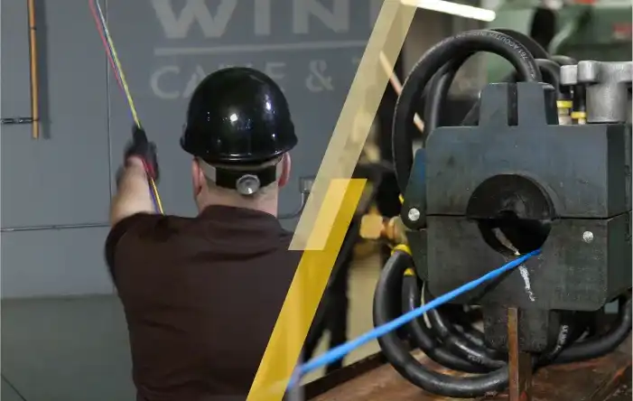 Split image showing a technician pulling multi‑color low‑voltage cables and a close‑up of SmartWire with SmartWire Glide exiting a machine
