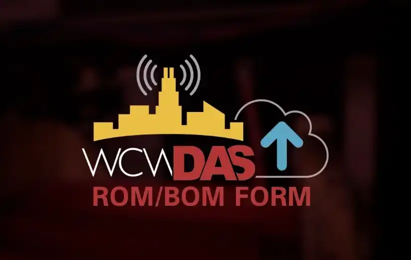 Windy City Wire DAS ROM/BOM Request Form graphic for DAS quoting, showing a Chicago skyline with wireless signal waves and a cloud upload arrow