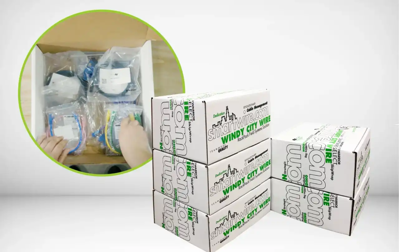 Stack of Windy City Wire SmartKIT boxes with inset close-up showing labeled cables, connectors, and install hardware inside a kit.