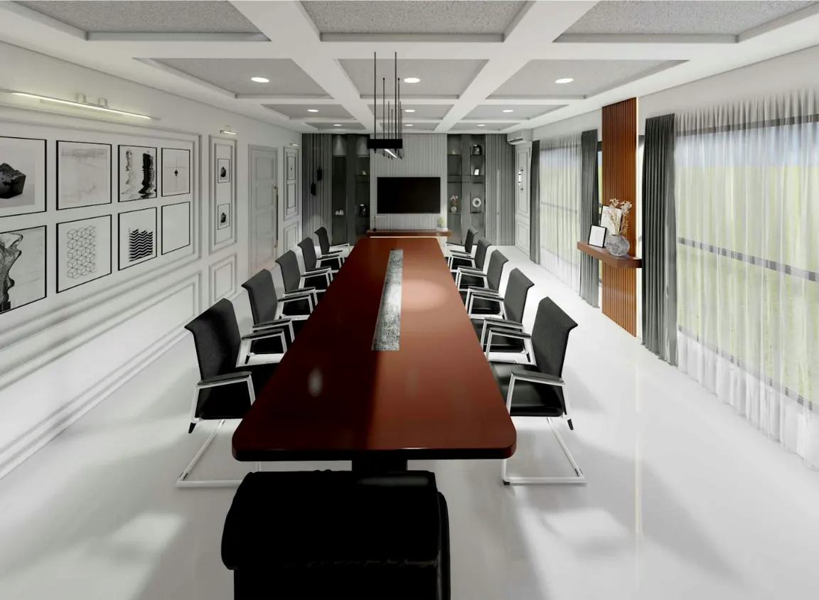 Modern conference room with integrated AV system, illustrating environments where RS-232 and RS485 control communication supports device coordination
