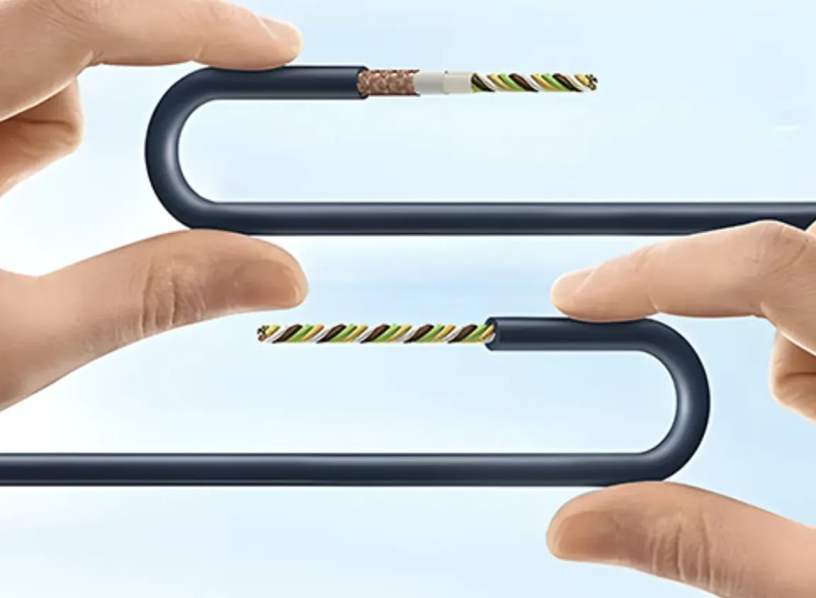 Alt Description: Image depicting a low voltage cable with multicolored twisted conductors being bent between a person’s thumb and forefinger to illustrate the bend radius of cable.