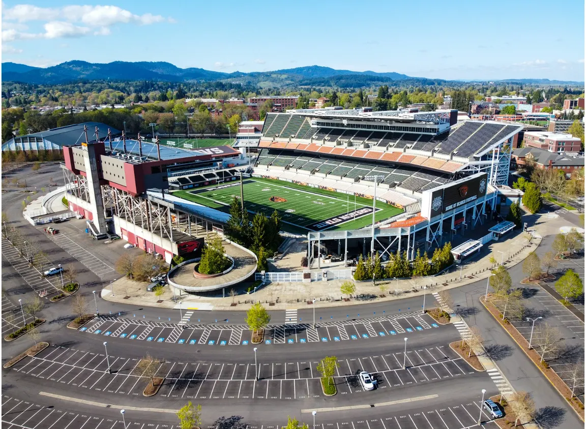 Large football stadium with extensive wireless coverage infrastructure, representing DAS and BDA system environments that rely on armored coax for reliable RF signal distribution