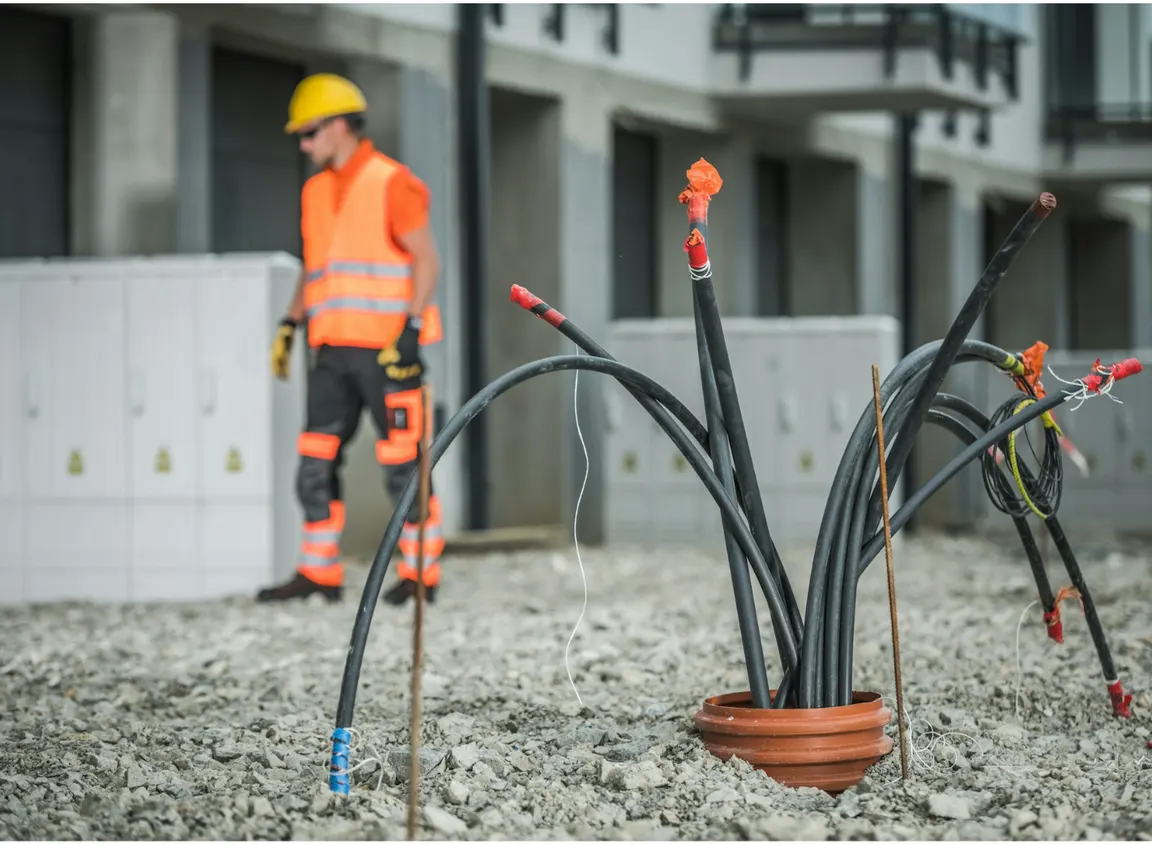 Underground network cable installation at commercial site, illustrating outdoor Ethernet and direct burial cable environments where sealed connectors protect the signal path