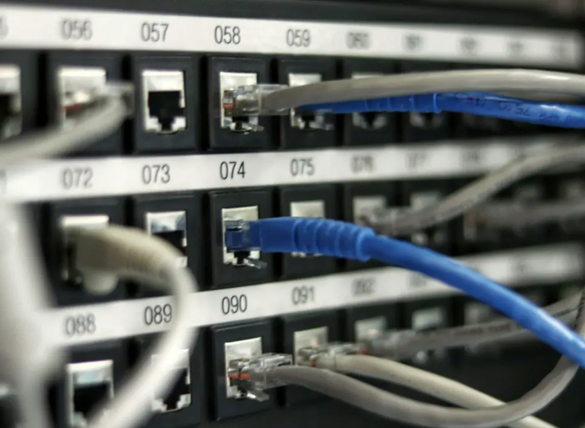 Cat 6 network cables connected to a labeled patch panel for CCTV camera system wiring.