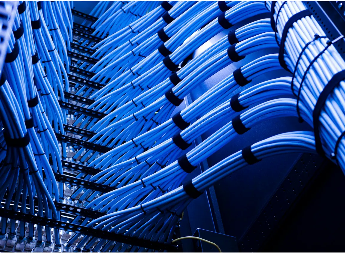 Organized Ethernet cable bundles in network rack, illustrating structured cabling systems where connectors and cable segments impact overall channel performance