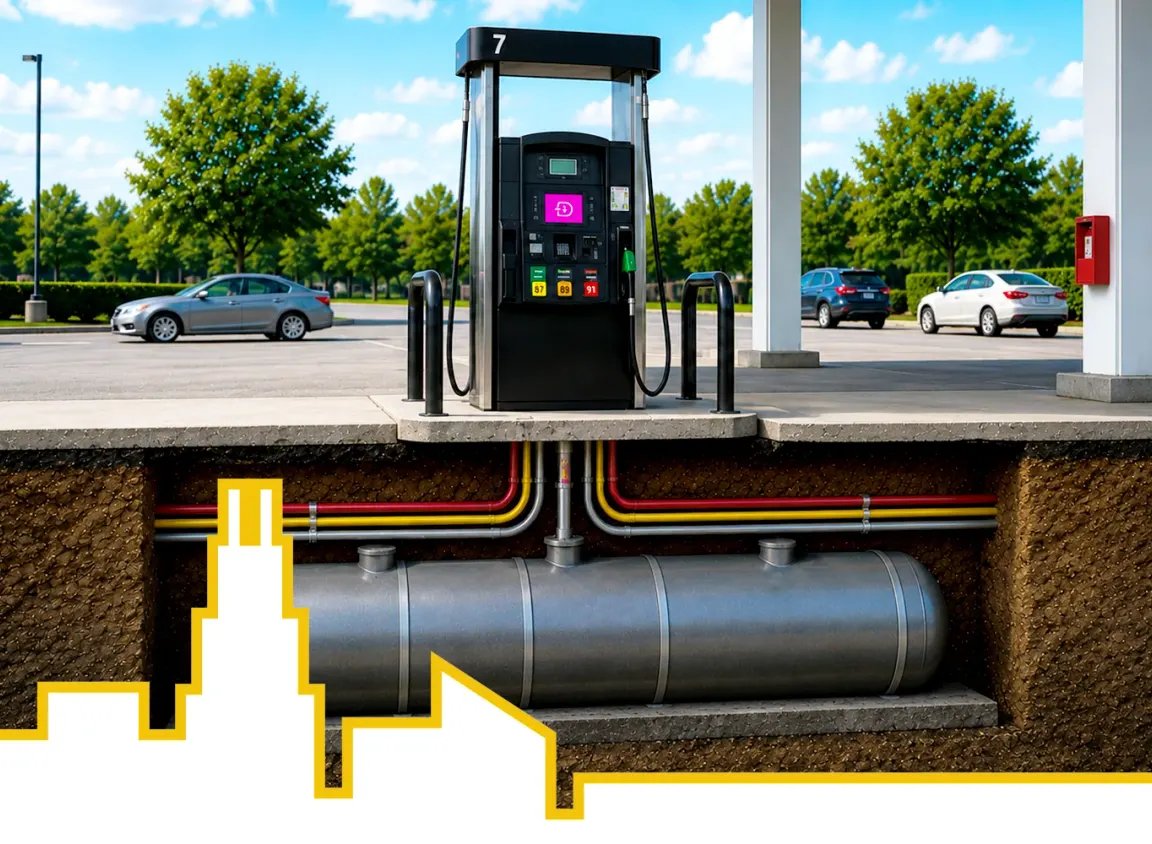A gas pump with a cross-section view of the tank below ground.