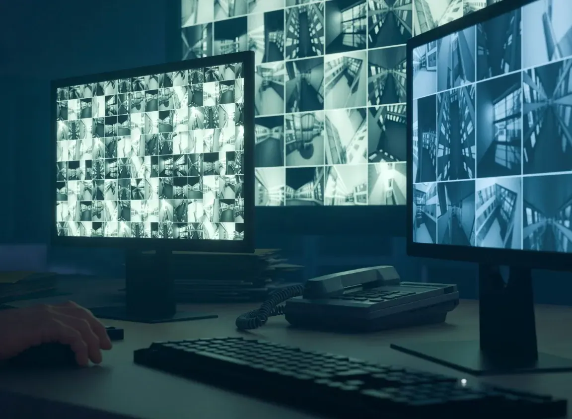 Security operations monitor wall displaying multiple CCTV camera feeds for commercial access control monitoring.