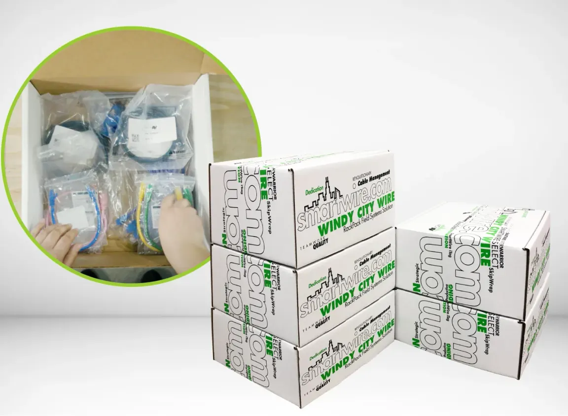 Stack of Windy City Wire SmartKIT boxes with inset close-up showing labeled cables, connectors, and install hardware inside a kit.